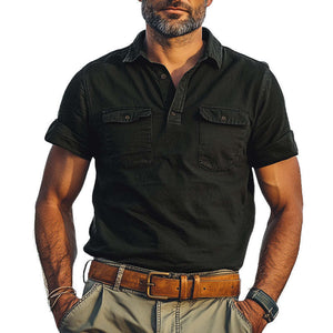 Men's Summer Distressed Polo Collar Double Pocket Casual T-Shirt