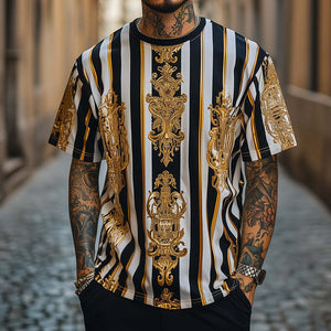 Herren-T-Shirt mit Rundhalsausschnitt und kurzen Ärmeln im Retro-Stil und Barock-Print