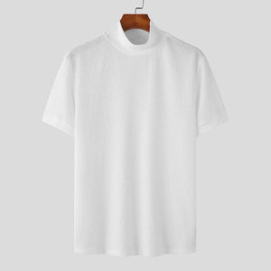 Herren-T-Shirt mit halbem Rollkragen, einfarbig, eng gestrickt, kurzärmelig
