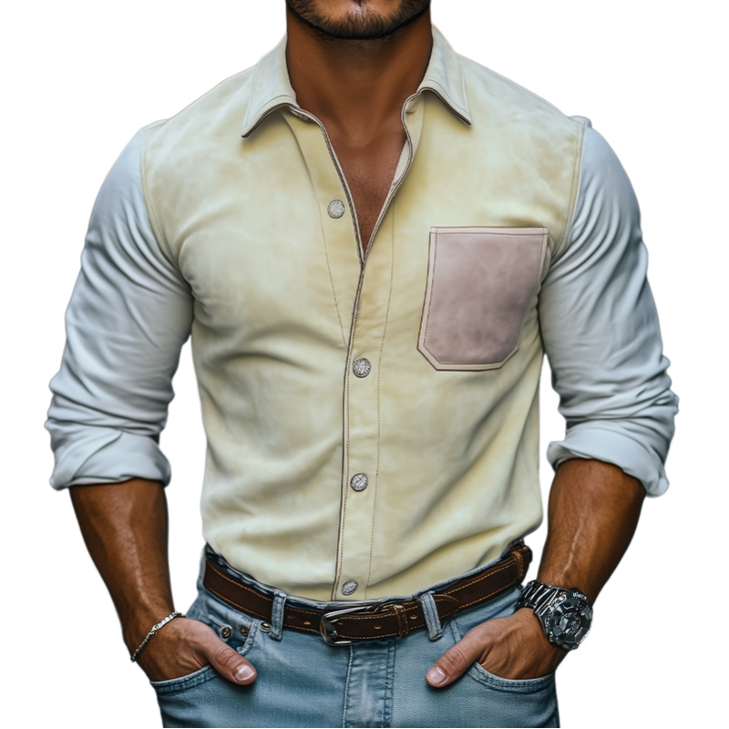 Herren Frühlingsmode Lässiges Slim Wildleder Splicing Langarmhemd