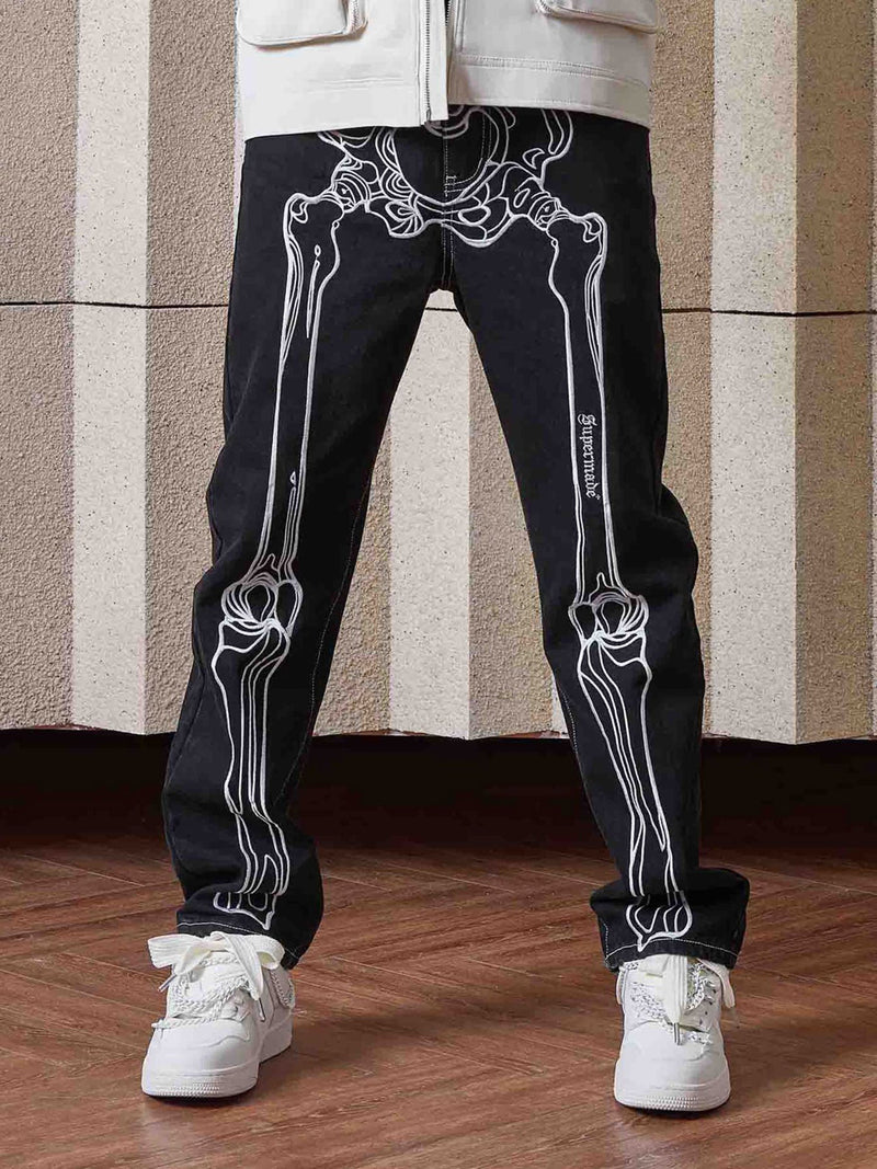 Hip Hop Bones Embroidered Jeans