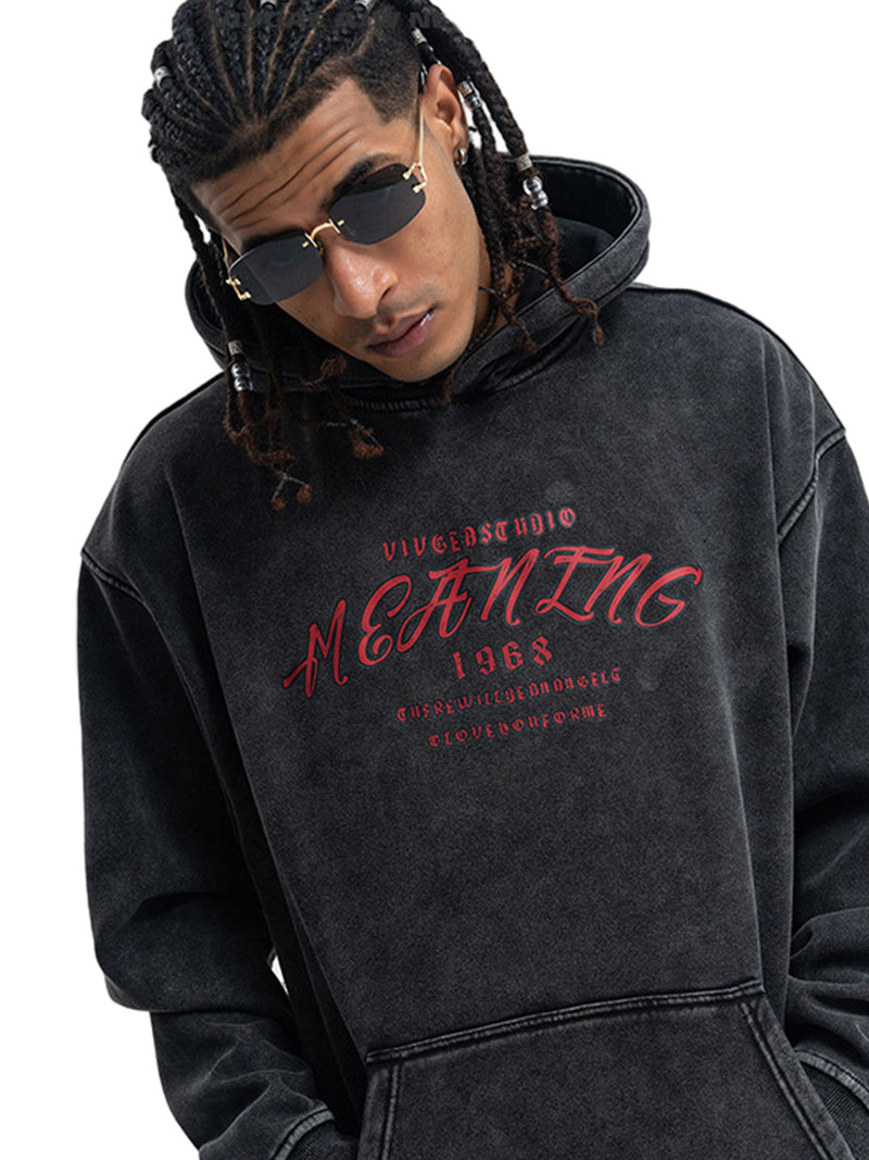 Distressed Washed Letter Print Fleece Hoodie