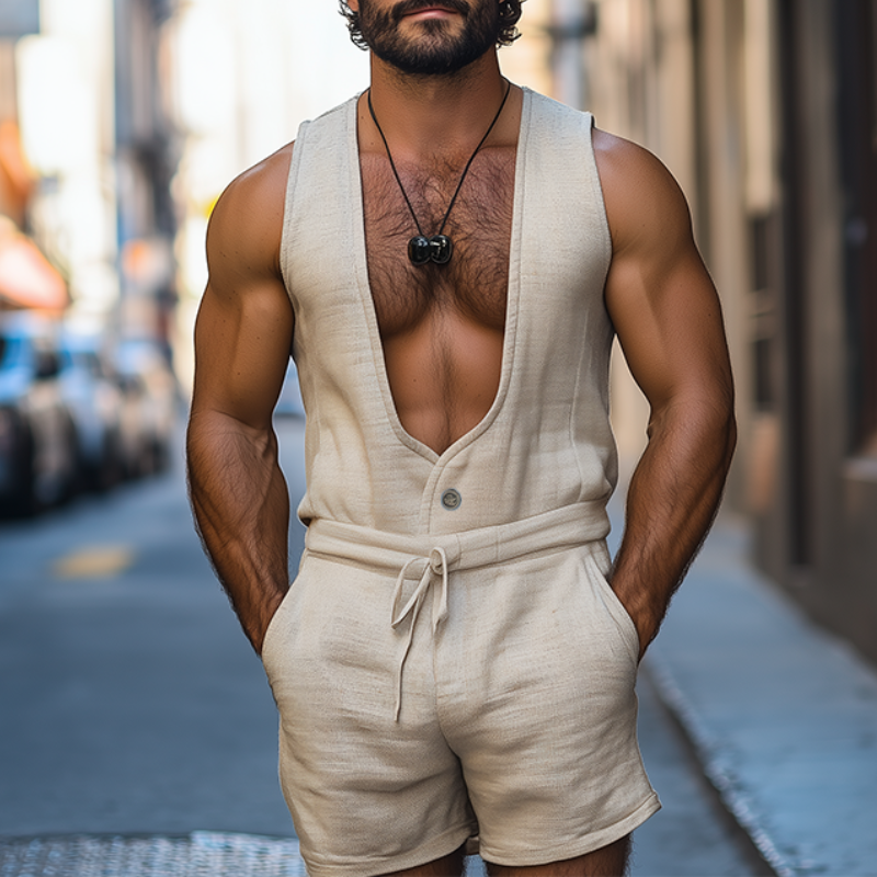 Herren Frühling und Sommer Mode Freizeit Tiefem V-Ausschnitt Baumwolle und Leinen Tank Top Shorts Jumpsuit