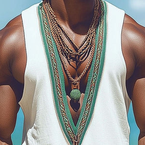 Men's Summer Deep V Neck Retro Embroidered Casual Tank Top