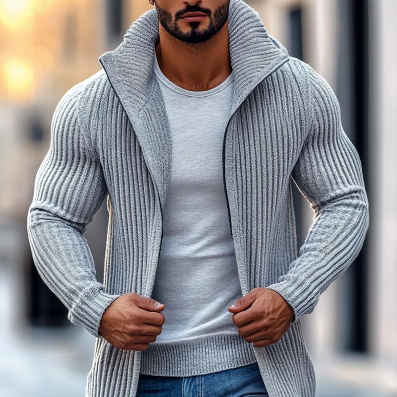 Modischer Herren-Strickpullover mit Stehkragen, einfarbig, gestreift, langen Ärmeln und mittlerer Länge