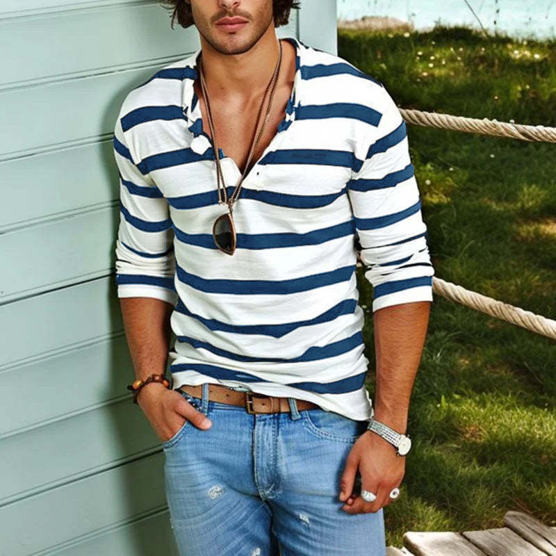 Men's Casual Striped Henley Collar Long Sleeve T-Shirt