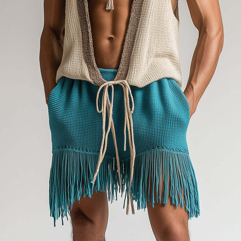 Men's Spring Fashion Towel Cloth Lace Up Sleeveless Shorts Set