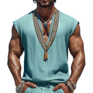 Men's Summer V-neck Retro Embroidered Cotton And Linen Tank Top
