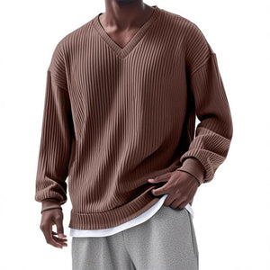 Men's Casual V-neck Striped Loose Long Sleeve T-shirt