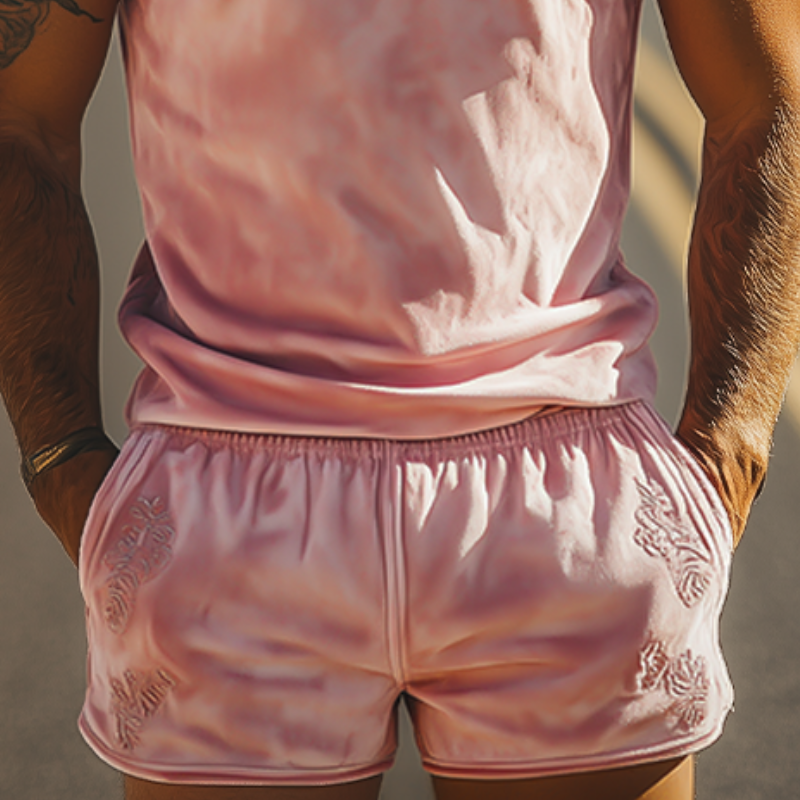 Herren Frühlingsmode Casual Slim Fit Besticktes Wildleder Tank Top Shorts Set