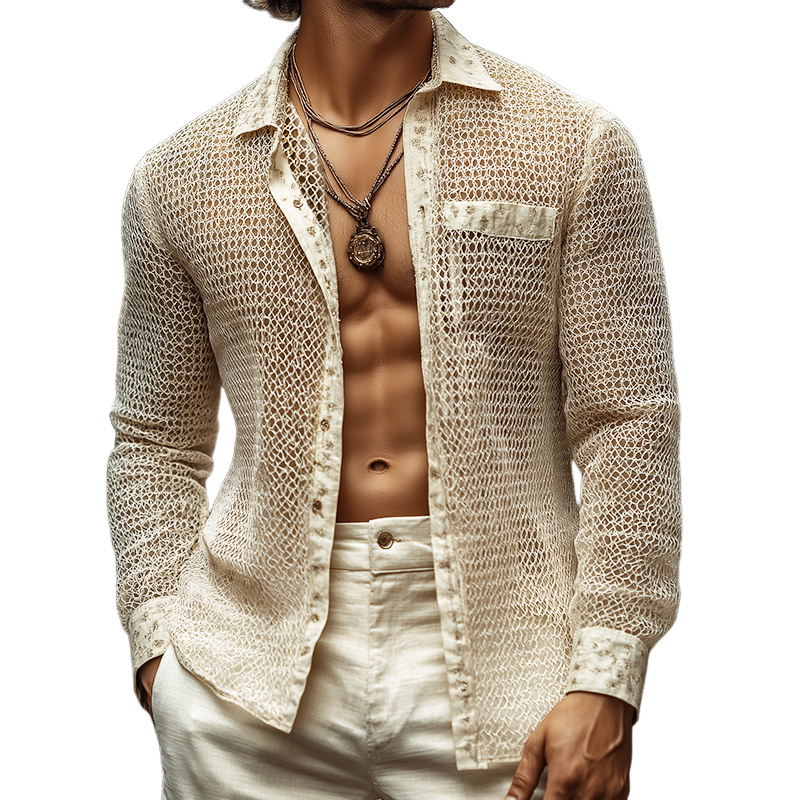 Herren Retro Casual Unregelmäßiges Mesh-Gewebe Revers Langarmhemd