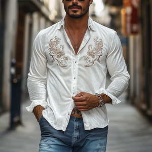 Men's Classic Vintage Velvet Embroidered Long Sleeve Shirt