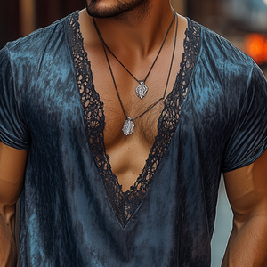Men's Fashion Retro Sexy Lace Stitching Satin Printed Deep V Neck T-Shirt