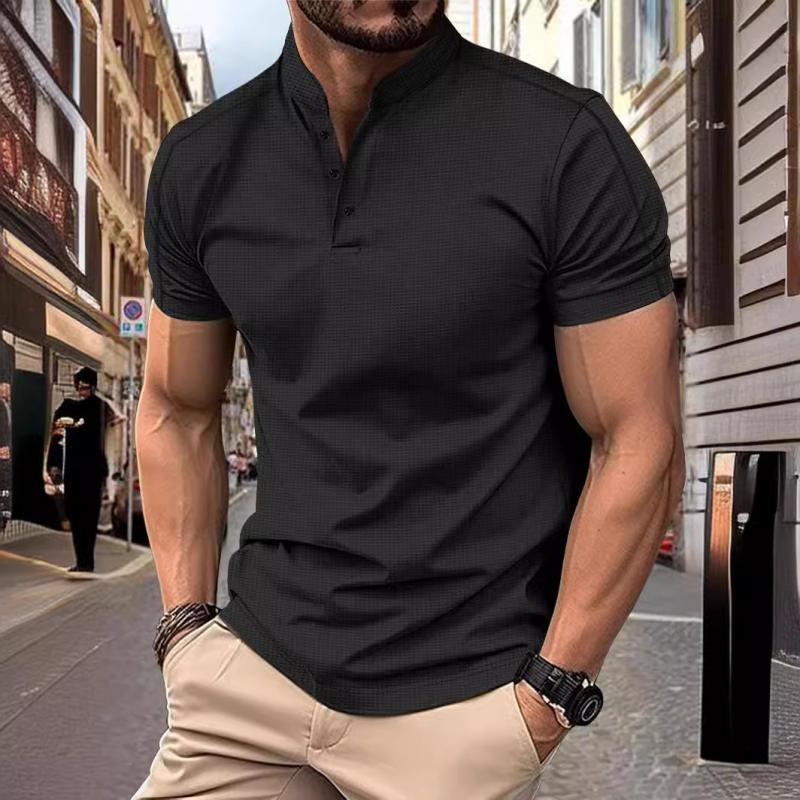 Men's Casual Stand Collar Waffle Slim Fit Short Sleeve T-Shirt