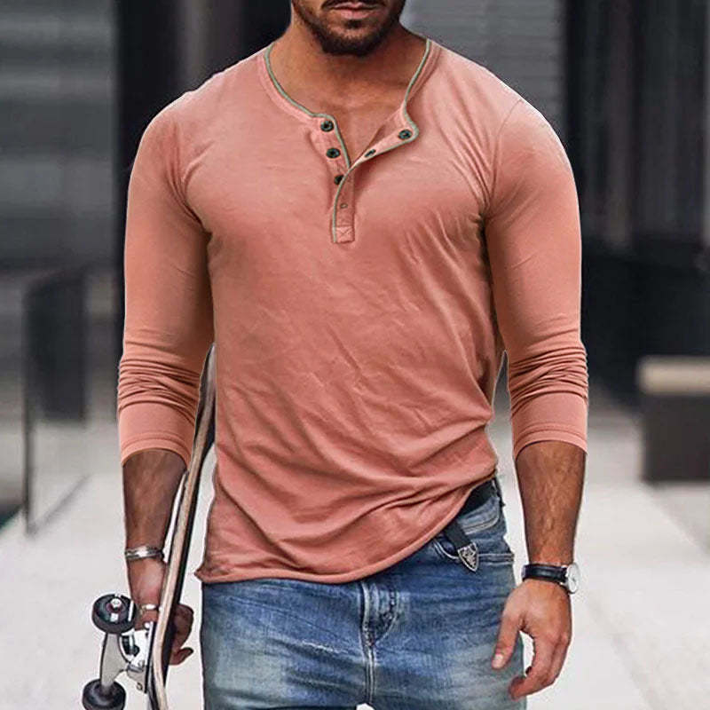 Men's Casual Cotton Blend Henley Neck Slim Fit Long Sleeve T-Shirt