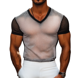 Herren Retro Casual Sommer Cool Mesh Stoff Colorblock V-Ausschnitt Kurzarm T-Shirt