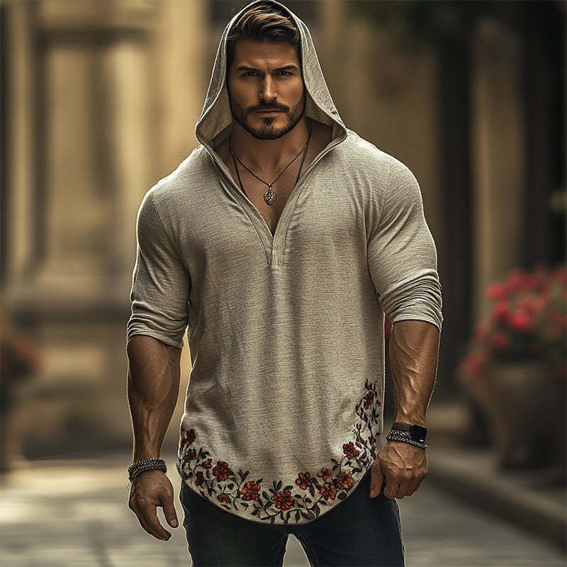 Men's Retro Casual Embroidered Hooded Long Sleeve T-Shirt