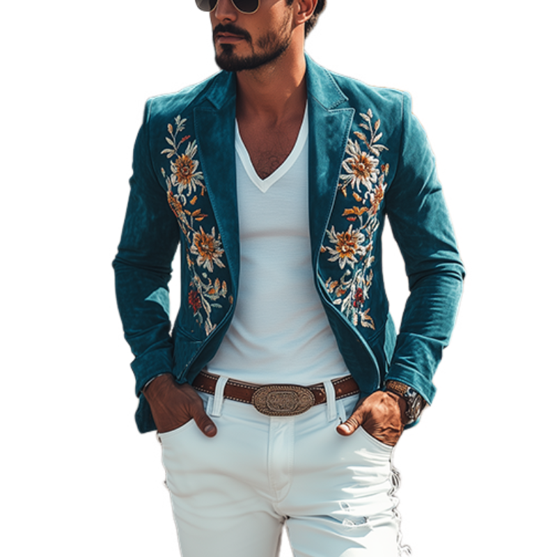 Klassischer Retro-Blazer für Herren im Western-Stil mit besticktem Wildleder und schmaler Passform