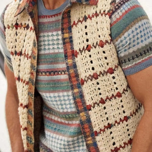 Men's Vintage Apricot Knitted Lapel Mesh Vest