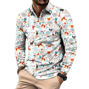 Men's Retro Casual Christmas Floral Print Long Sleeve Polo Shirt
