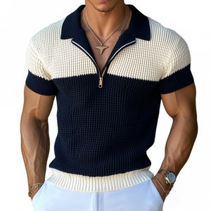 Men's Casual Contrast Zipper Lapel Slim Fit Knitted Short Sleeve Polo Shirt