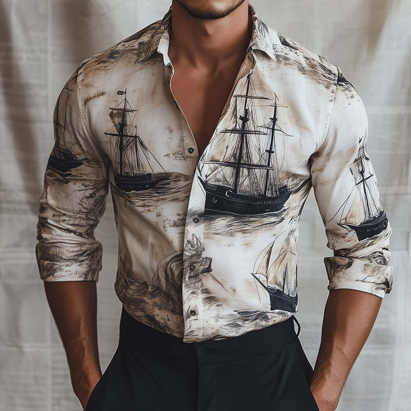 Herren Retro Casual Segelschiff Print Revers Langarmhemd
