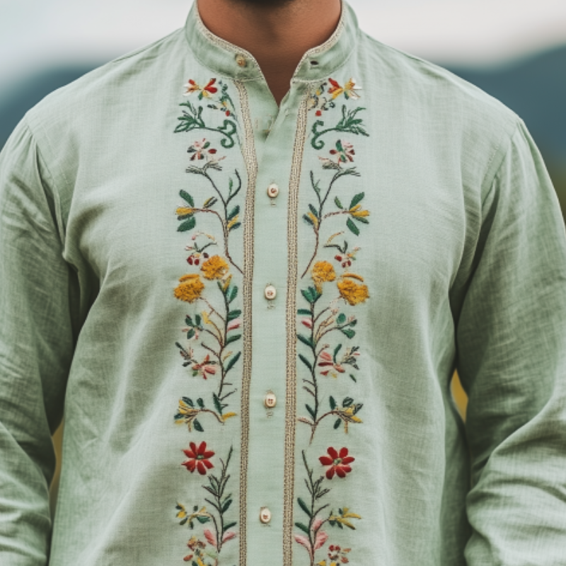 Herren Frühling und Sommer Mode Retro Casual Stehkragen Besticktes Langarmhemd