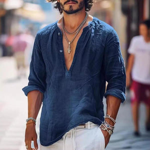 Herren-Langarmhemd mit V-Ausschnitt und Knopfleiste im Vintage-Stil