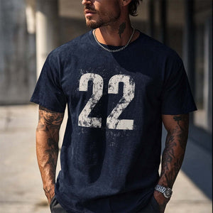 Men's Casual Dark Blue Printed Short-sleeved T-shirt
