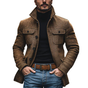 Herrenmantel im Vintage-Stil mit Fischgrätenmuster und Revers, mehreren Taschen, mittellang