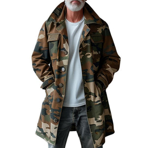 Herren Camouflage Revers Brusttasche Einreihiger Mittellanger Cargo Trenchcoat