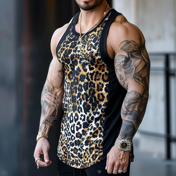 Men's Casual Round Neck Leopard Print Patchwork Tank Top