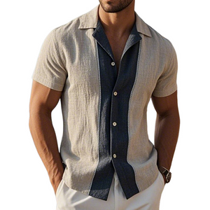 Herren Retro Casual Leinen Gestreiftes Colorblock Bedrucktes Revers Kurzarmhemd