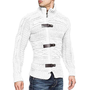 Men's Casual Stand Collar Zipper Cable Knitted Slim Cardigan