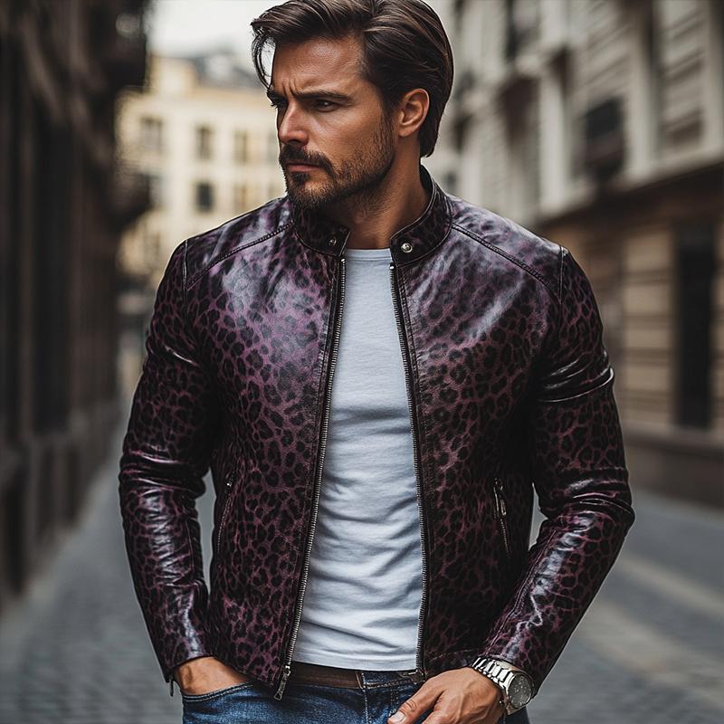 Men's Fashion Leopard Print Stand Collar Zipper Slim Fit Leather Jacket