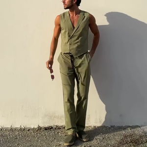 Herren Solide Kerbe Revers Zweireihige Weste Hose Casual Set