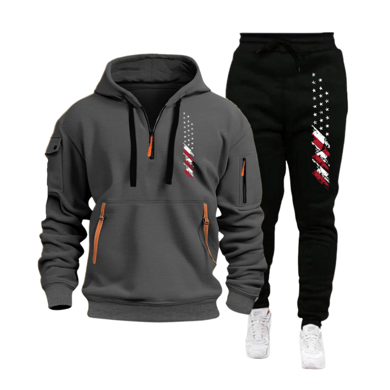 USA FLAG SPORTS HOODIE SET MEN'S MULTI POCKET ZIPPER HOODED SWEATSHIRT SPORTS SUIT SET