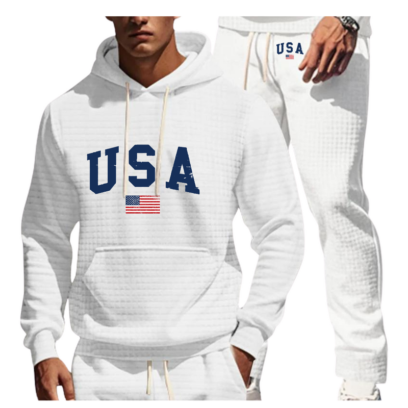 USA FLAG JACQUARD SMALL GRID LONG SLEEVED LONG PANTS HOODED SET