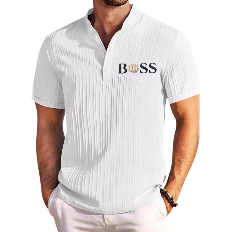 MEN'S  BOSS COTTON  LINEN STRIPED HENRY SHIRT