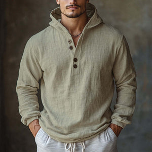 Men's Skin-friendly Off-White Cotton And Linen Long-sleeved Hoodie