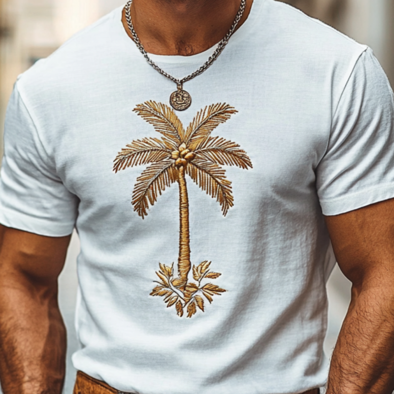 Lässiges Herren-T-Shirt mit Kokosnussbaum-Stickerei, Baumwolle, Rundhalsausschnitt, schmales Kurzarm-T-Shirt