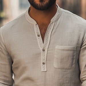 Men's Spring New Retro Ethnic Lace Stitching Deep V-neck Long-sleeved Shirt