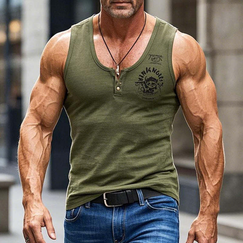 Herren-Tanktop mit V-Ausschnitt und Print in Armeegrün und schmaler Passform