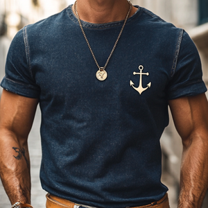 Herren-T-Shirt im Retro-Denim-Stil mit gewaschenem Anker-Print, Rundhalsausschnitt, schmale Passform, kurzärmelig