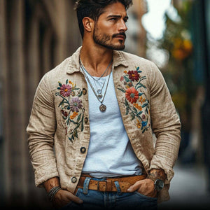 Men's Casual Linen Embroidered Lapel Loose Long Sleeve Shirt