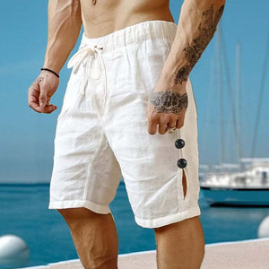 Einfarbige Shorts aus Baumwolle und Leinen mit Knöpfen für Herren