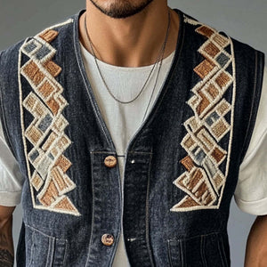 Men's Geometric Embroidered Denim Vest