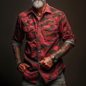 Men's Camouflage Lapel Chest Pocket Cargo Shirt