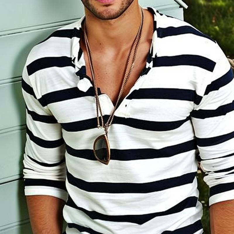 Men's Casual Striped Henley Collar Long Sleeve T-Shirt