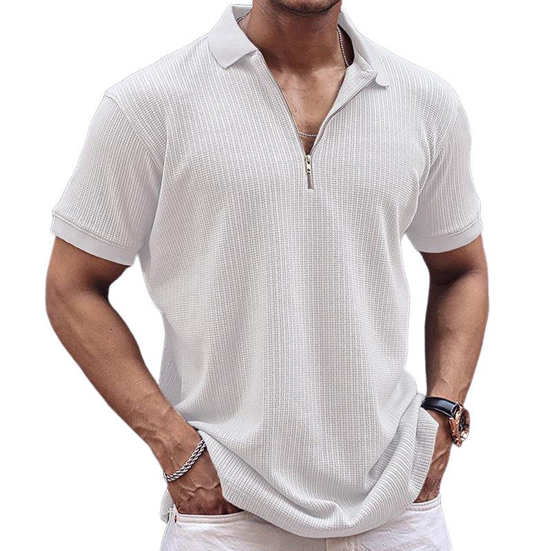 Herren Retro Casual Einfarbiges Kurzarm-T-Shirt mit Reißverschluss am Hals